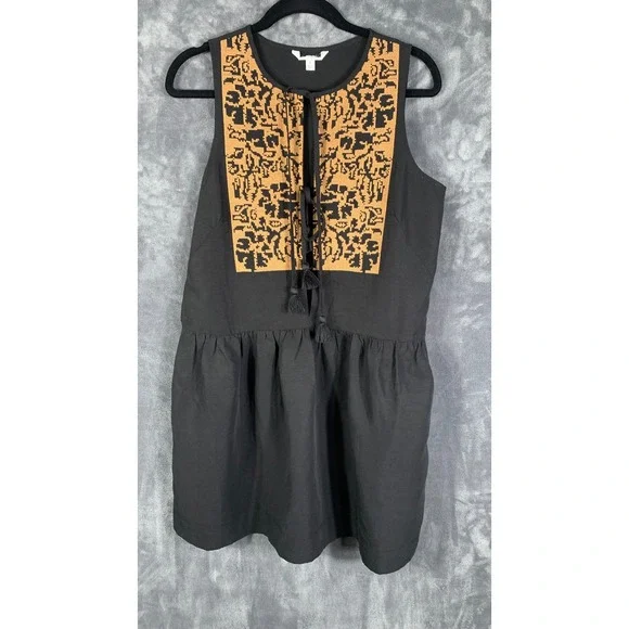 Banana Republic Embroidered Tencel Linen Mini Dress Black Shift Tassel Sz S $198 - Picture 5 of 10